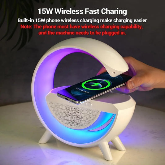 G Speaker Lamp - APP Control 3 in 1 Multi-Function Bluetooth Speaker with Wireless Fast Charging, RGB Light and Sunrise Alarm Clock for Bedroom & Bedside Table Wireless Charger Lamp